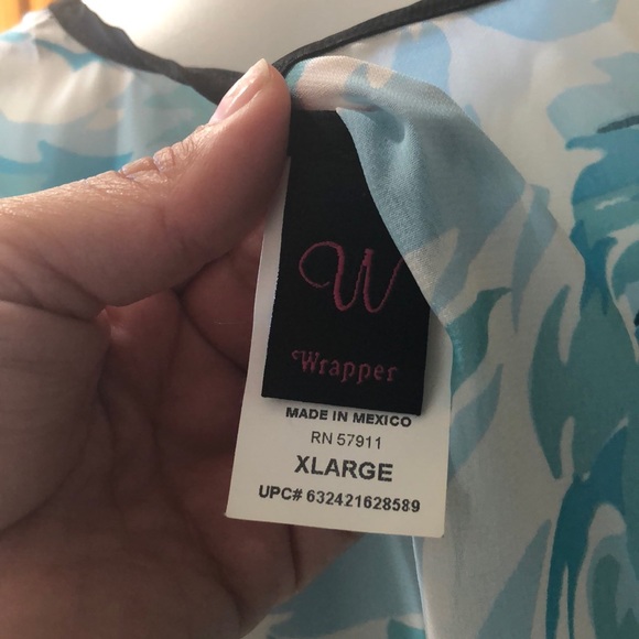 Sheer blue and white, black flower top - Picture 3 of 3